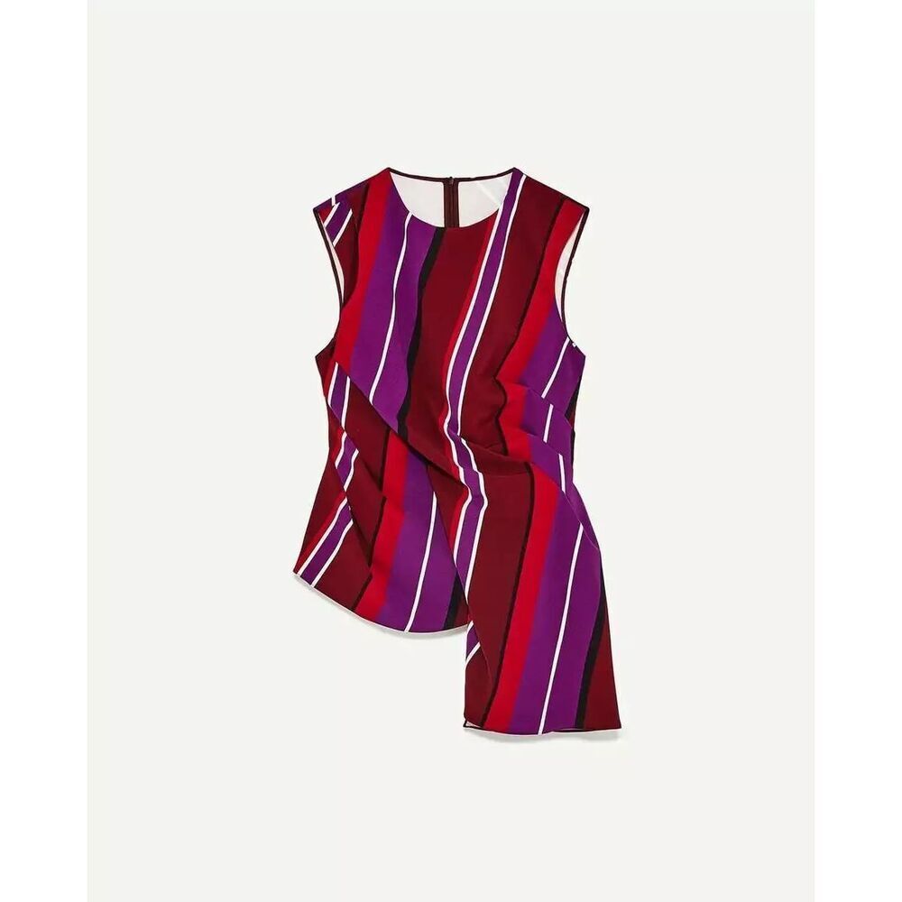 Zara Asymmetrical Draped Striped Sleeveless Blouse Size Small Red White Purple